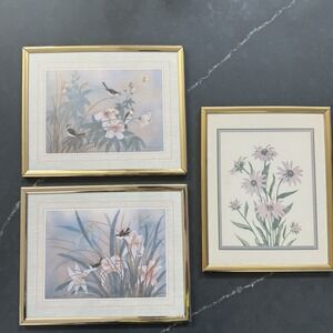 Vintage Chinese Watercolor Painting Framed Set of 3 Birds Flowers Signed